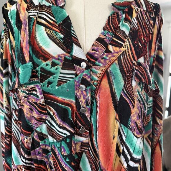 Cocomo Retro Y2K Blouse 1X Plus Boho Stretchy Abstract Artsy Festival 60s 70s - Picture 3 of 6